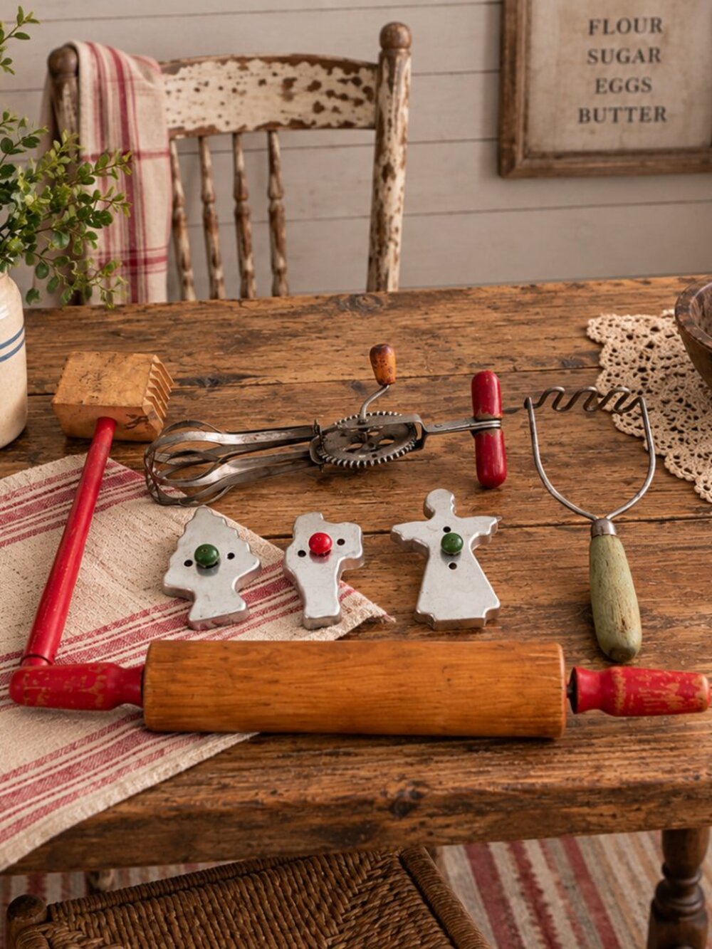 Vintage Kitchen Utensil Lot | Rolling Pin Egg Beater Masher Cookie Cutters
